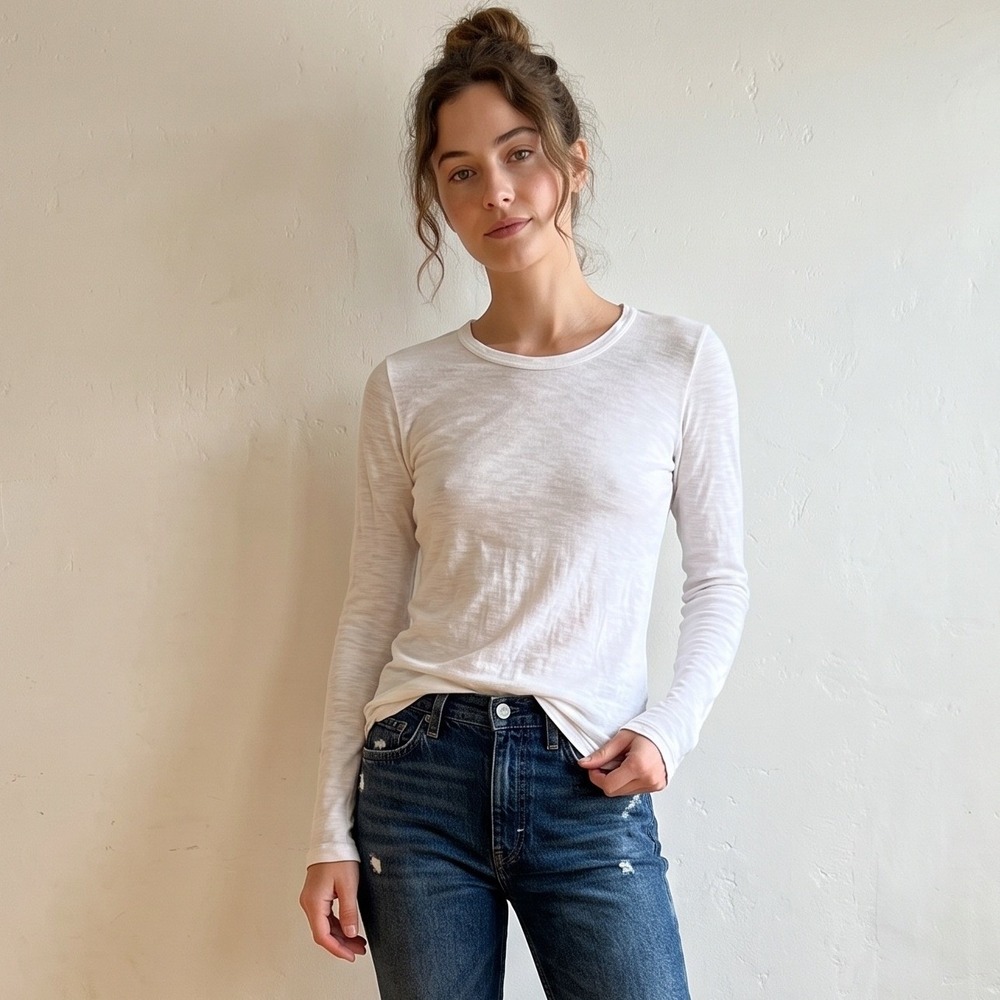 James Perse Womens Top 1 Small White Long Sleeve Crew Slub Supima Cotton